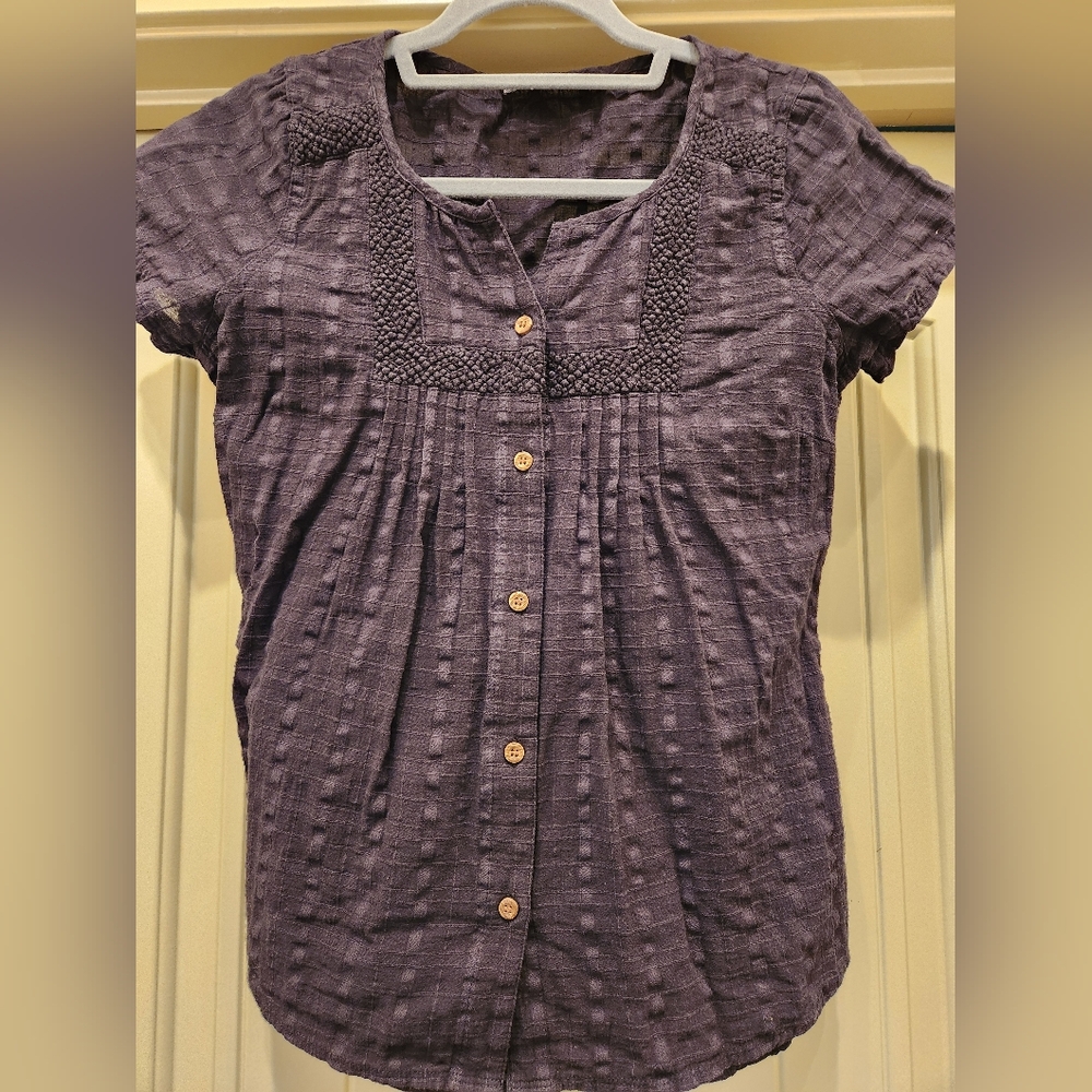 Prana Lucie Cotton Short Sleeve Button Up Embroidered Panel Top - Size Small